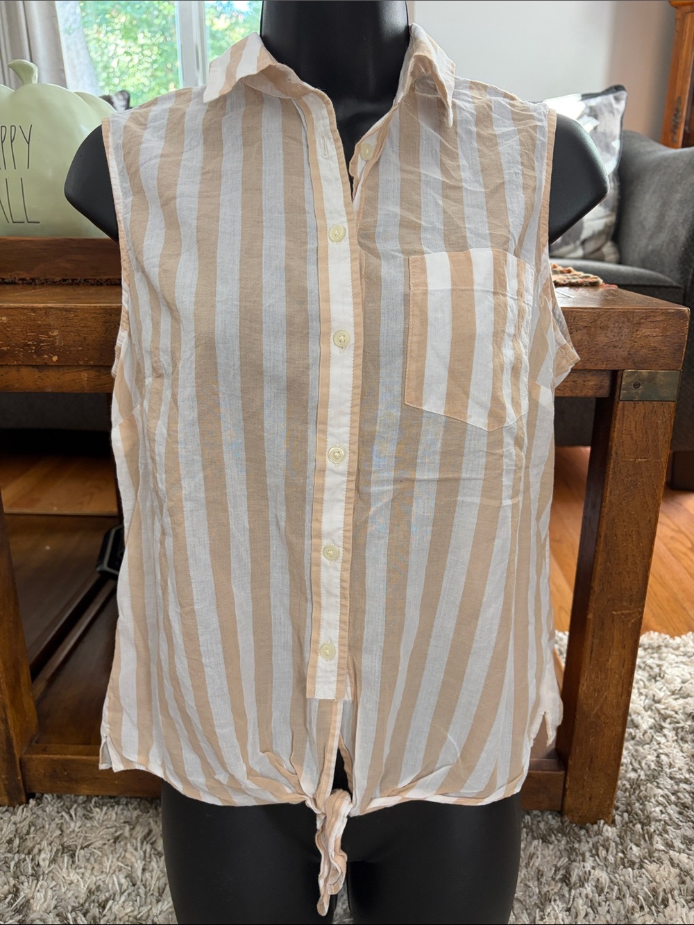 J. Crew Sleeveless Tie-Front Striped Shirt - Beige/White size Small